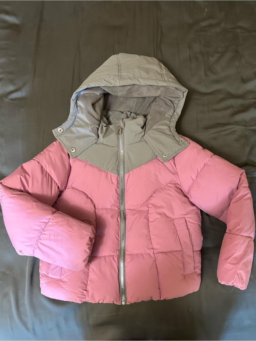 Rothschild Pink and Gray Hooded Puffer Jacket
